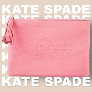 Kate Spade Gia Larchmont Avenue Logo Leather Clutch Pouch Coral Pink Tassel Bag